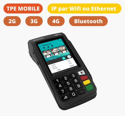 TPE nomade Move 5000 Bluetooth Wifi 4G IP base Bluetooth - Espace Monétique - TPE.FR